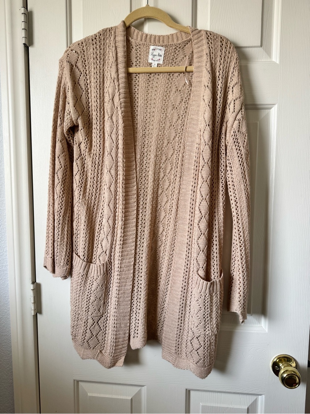 Hippie Rose Open-Front Knit Cardigan in Light Beige